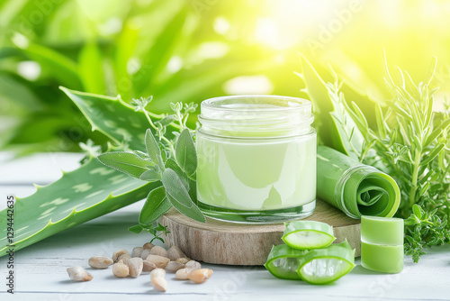 A glass jar of organic face cream surrounded by fresh aloe vera leaves and natural herbs. Soft diffused sunlight shining through a rustic wooden background.