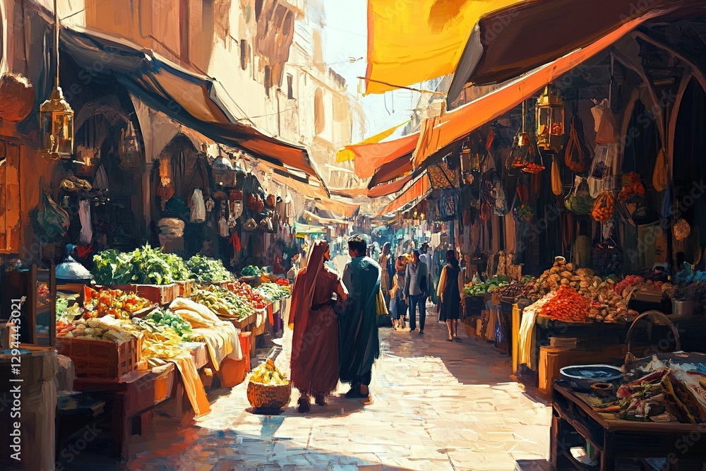 Obraz premium Vibrant market scene with vendors and shoppers in a traditional Middle Eastern setting