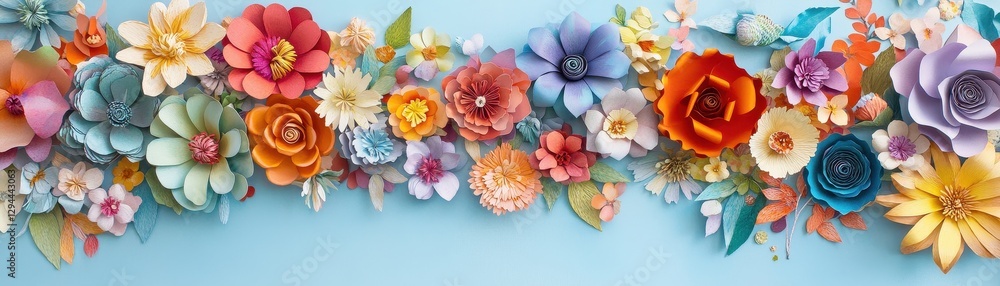 Brightly colored paper flowers are beautifully arranged on a vibrant blue background, creating a cheerful and lively atmosphere. Brightly colored paper flowers are beautifully arranged on a vibrant blue background, creating a cheerful and lively atmosphere.