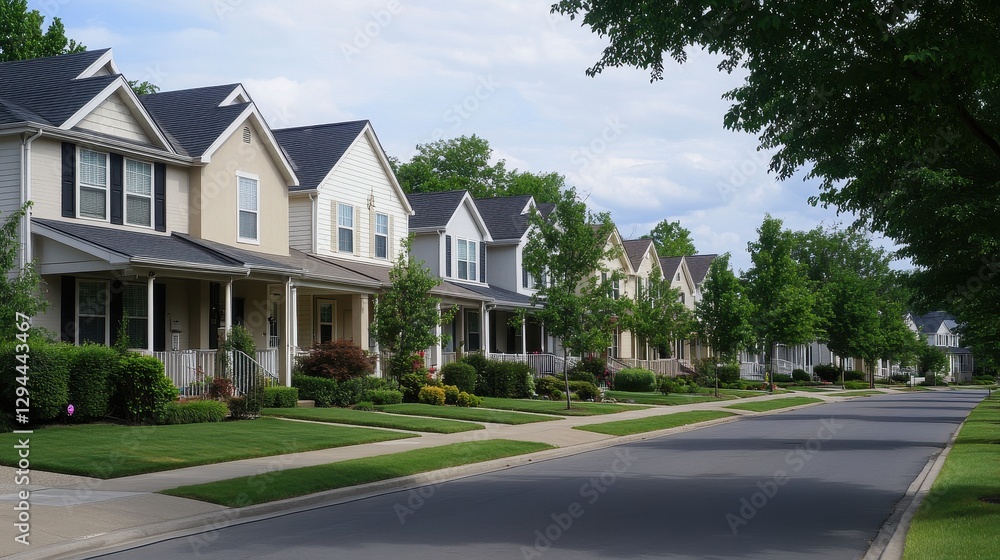 Charming row of houses lining a peaceful residential street, featuring a well-maintained sidewalk and lush green trees providing shade. Charming row of houses lining a peaceful residential street, featuring a well-maintained sidewalk and lush green trees providing shade.