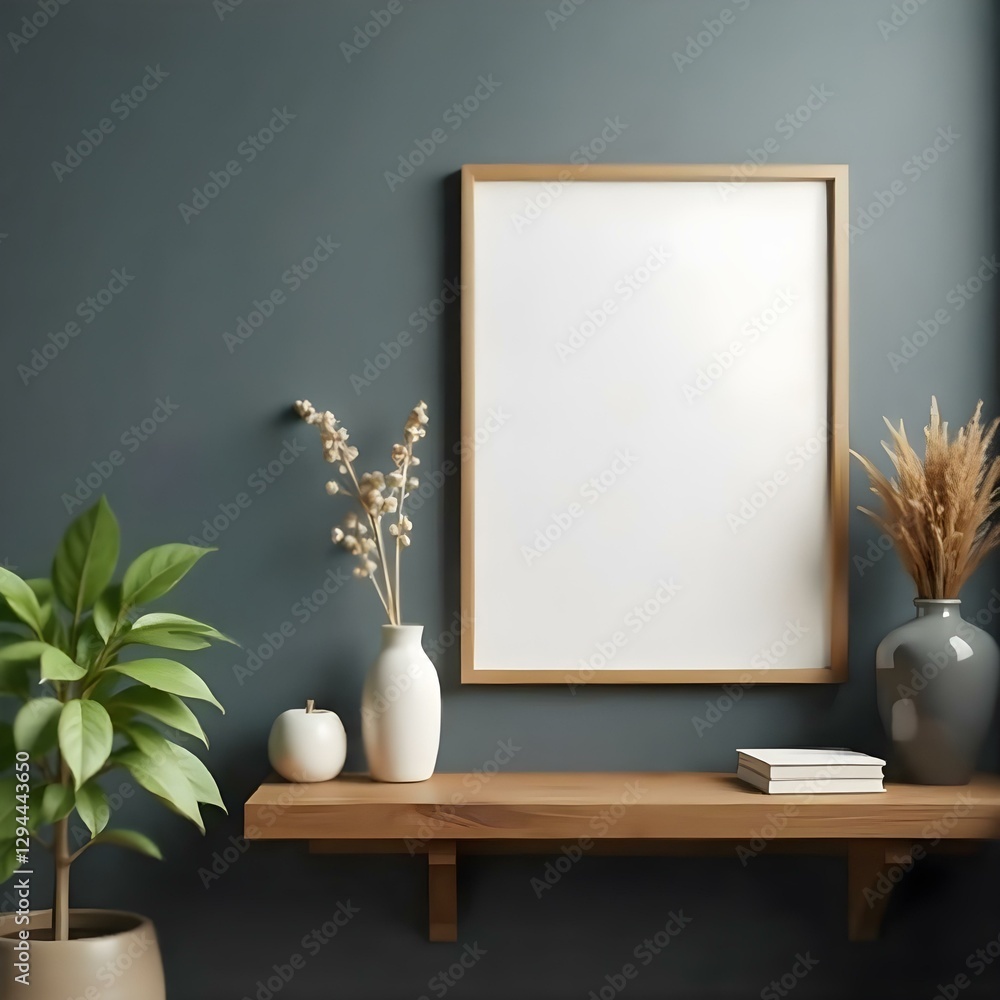 Empty frame on a wooden shelf with plants and vases against a dark blue wall, minimalist interior design, modern home decor, blank canvas , elegant display Empty frame on a wooden shelf with plants and vases against a dark blue wall, minimalist interior design, modern home decor, blank canvas , elegant display