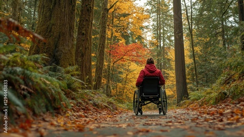 Person in wheelchair on woodland path