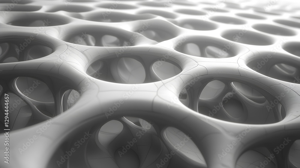 Obraz premium Intricate abstract design featuring interconnected circular shapes in a soft gray color palette with subtle shadows.