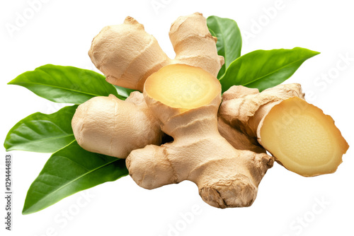 Fresh ginger root on green leaves with transparent background png format bright white environment