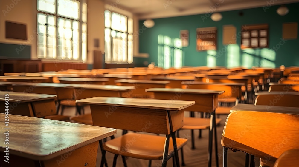 Serene and tranquil empty classroom setting with old wooden desks sunlight casting long shadows nostalgic back to school ambiance classic high school lecture room interior decor Serene and tranquil empty classroom setting with old wooden desks sunlight casting long shadows nostalgic back to school ambiance classic high school lecture room interior decor