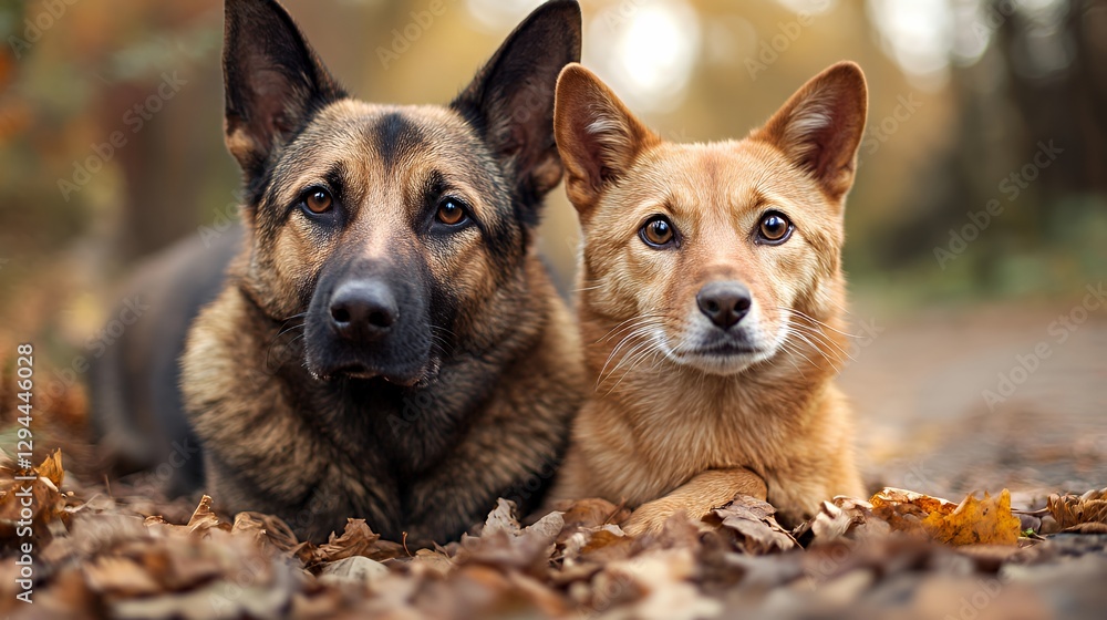 Obraz premium Two attentive dogs relax in a sunlit forest during autumn.
