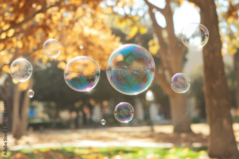 Floating iridescent bubbles reflecting autumn park trees in sunlight creating whimsical outdoor scene Floating iridescent bubbles reflecting autumn park trees in sunlight creating whimsical outdoor scene