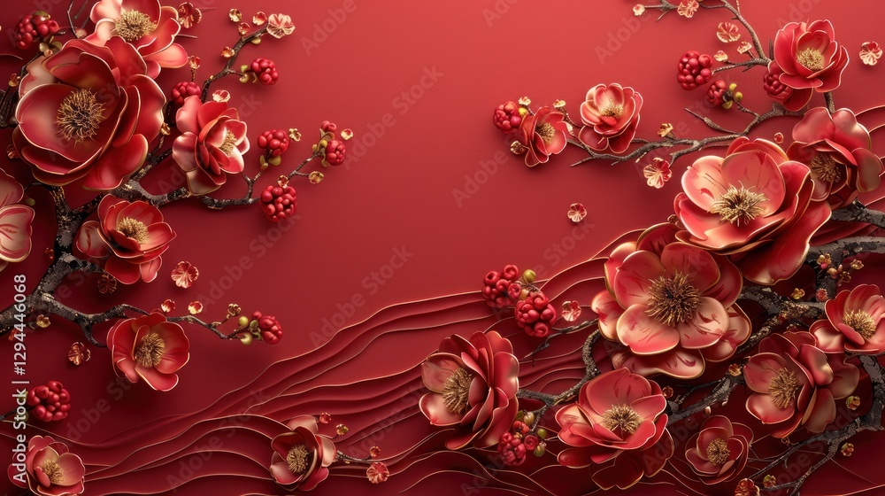 Stunning Chinese floral design featuring peonies and cherry blossoms with luxurious gold accents Stunning Chinese floral design featuring peonies and cherry blossoms with luxurious gold accents