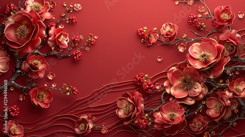 Fototapeta Naklejka Na Ścianę i Meble -  Stunning Chinese floral design featuring peonies and cherry blossoms with luxurious gold accents