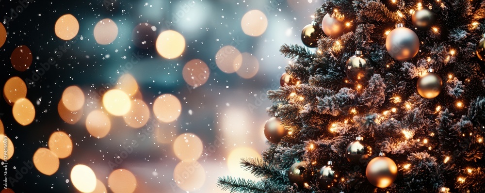 In the background, a beautifully decorated Christmas tree shines, adorned with sparkling gold ornaments and twinkling lights. In the background, a beautifully decorated Christmas tree shines, adorned with sparkling gold ornaments and twinkling lights.