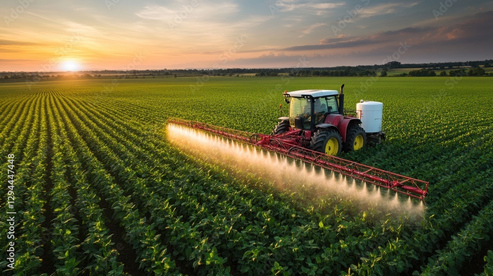 Agricultural tractor spraying pesticide on soybean field at sunset creating a beautiful golden light and a serene rural scene with a vibrant green landscape Agricultural tractor spraying pesticide on soybean field at sunset creating a beautiful golden light and a serene rural scene with a vibrant green landscape