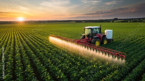 Agricultural tractor spraying pesticide on soybean field at sunset creating a beautiful golden light and a serene rural scene with a vibrant green landscape