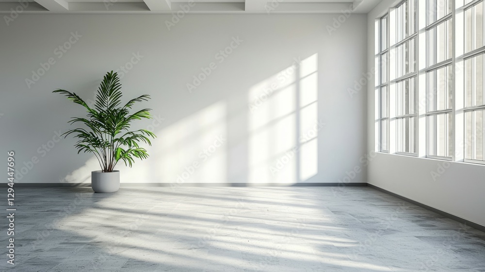 Bright Indoor Space with Large Windows and Potted Green Plant Bright Indoor Space with Large Windows and Potted Green Plant