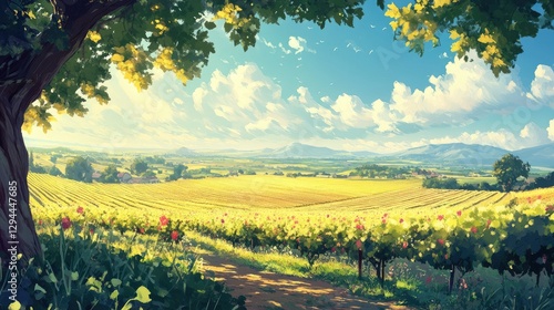 A beautiful vineyard in the golden summer sun