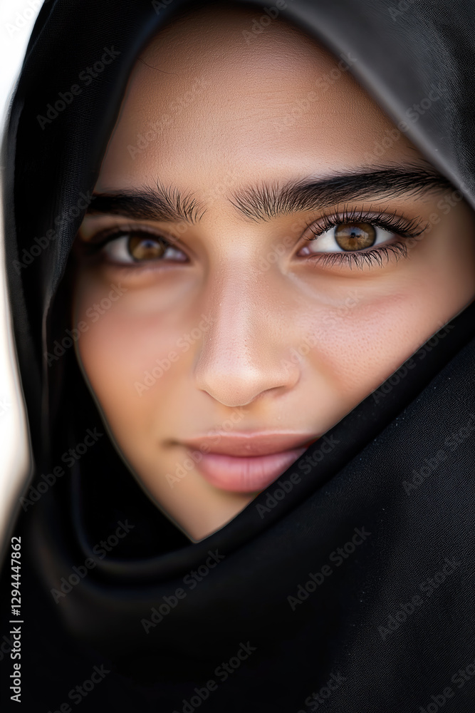 Gros plan visage féminin portant hijab noir, regard intense et expressif. Gros plan visage féminin portant hijab noir, regard intense et expressif.