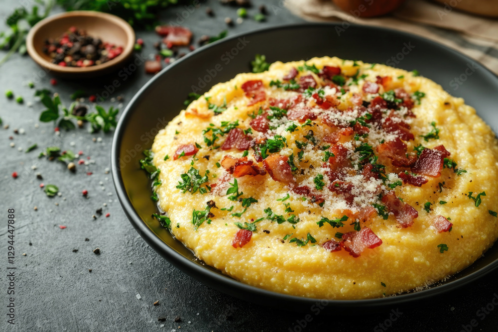 Homemade creamy corn polenta with crispy bacon, parsley and parmesan cheese Homemade creamy corn polenta with crispy bacon, parsley and parmesan cheese
