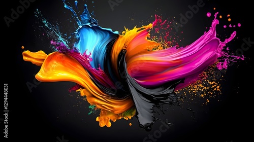 Stunning abstract image showcasing a vibrant explosion of liquid with dynamic curved waves and mesmerizing color patterns on a high contrast black background