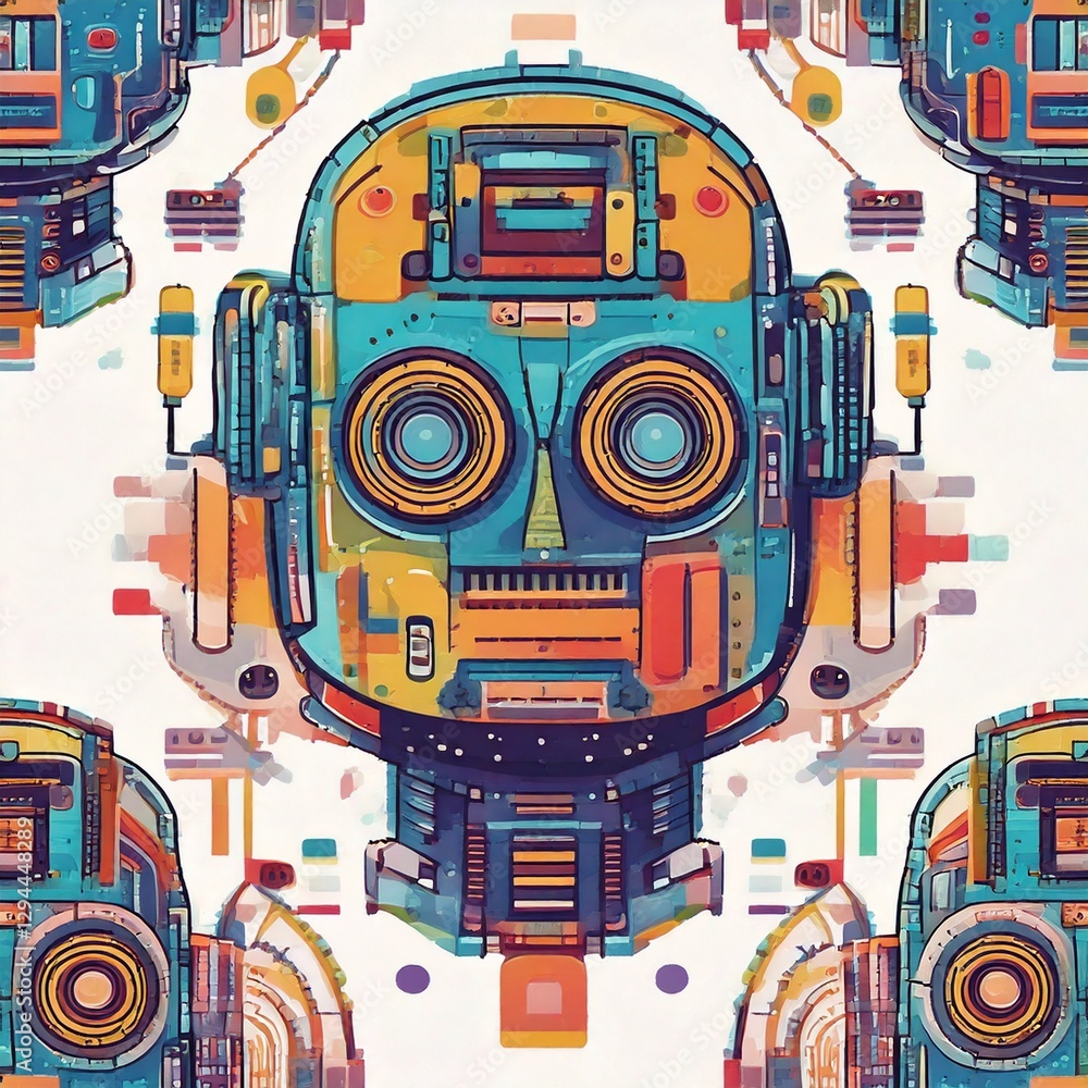 a colorful illustration of a robot's head. the image features intricate details, vibrant colors, and a futuristic aesthetic. a colorful illustration of a robot's head. the image features intricate details, vibrant colors, and a futuristic aesthetic.