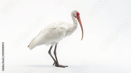 A brilliant white ibis standing tall, its slender body captured with clarity against a pure white background.