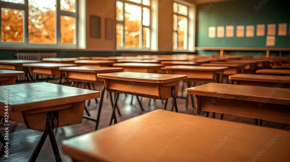 Tranquil Classroom Interior with Orderly Wooden Desks and Soft Natural Light Filtering Through Windows Evoking a Nostalgic Academic Mood and Setting for Study Learning and Contemplation Tranquil Classroom Interior with Orderly Wooden Desks and Soft Natural Light Filtering Through Windows Evoking a Nostalgic Academic Mood and Setting for Study Learning and Contemplation