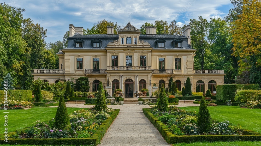 Obraz premium Elegant mansion with lush garden in vibrant landscape setting