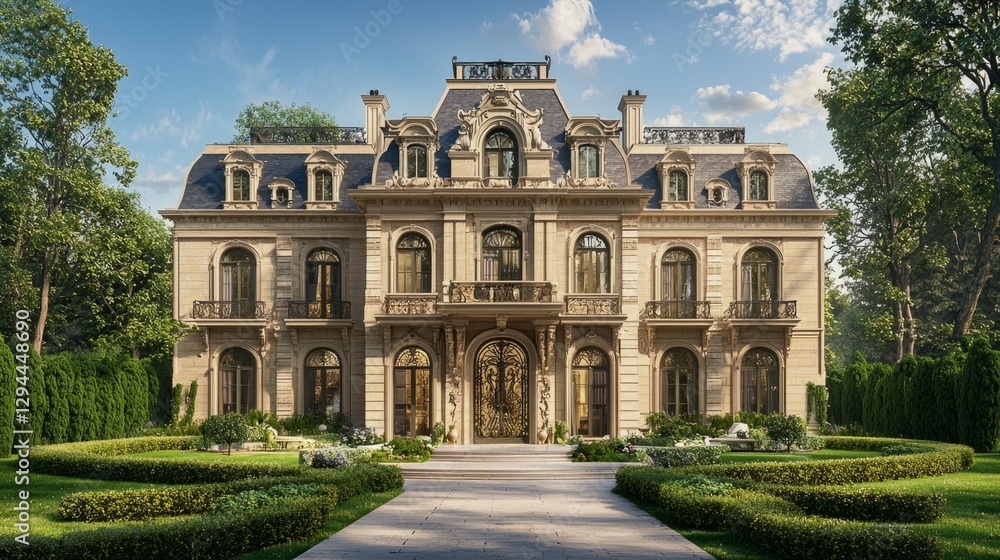 Obraz premium Elegant Mansion Surrounded by Lush Gardens and Scenic Landscape