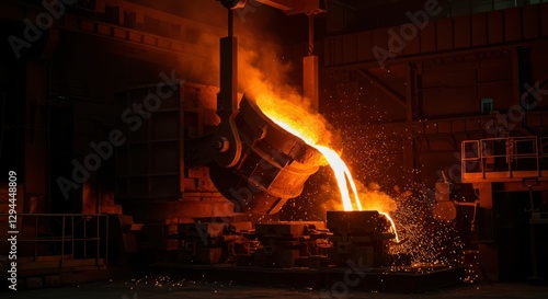 Molten metal pouring in industrial steel mill foundry with intense heat