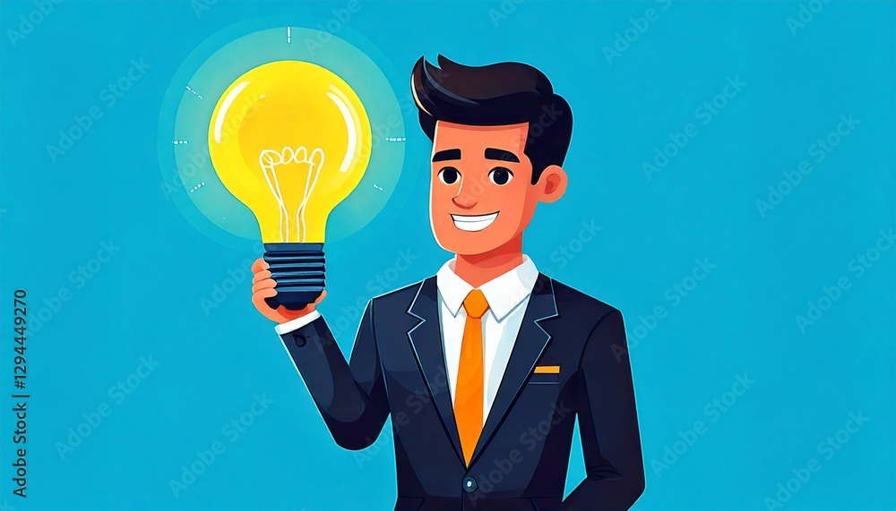 an animated illustration of a man holding a glowing light bulb, symbolizing an innovative idea. He wears a suit, indicating business context an animated illustration of a man holding a glowing light bulb, symbolizing an innovative idea. He wears a suit, indicating business context