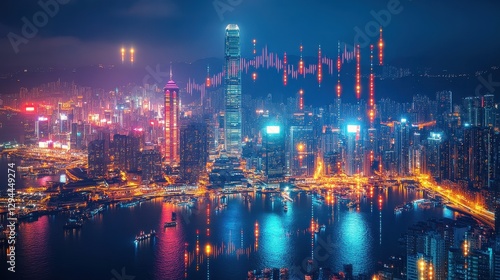 Wallpaper Mural A vibrant city skyline at night, featuring illuminated skyscrapers and reflections on the water, creating a dynamic urban landscape. Torontodigital.ca