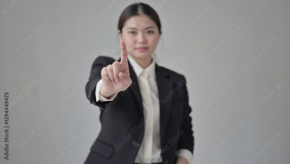Confident Businesswoman Gesturing with One Finger in Office Setting Confident Businesswoman Gesturing with One Finger in Office Setting