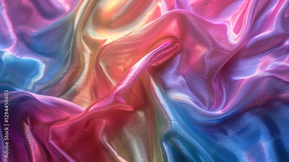 Obraz premium Vibrant satin fabric showcases shifting rainbow hues, creating a surreal, flowing texture enhanced by ambient lighting