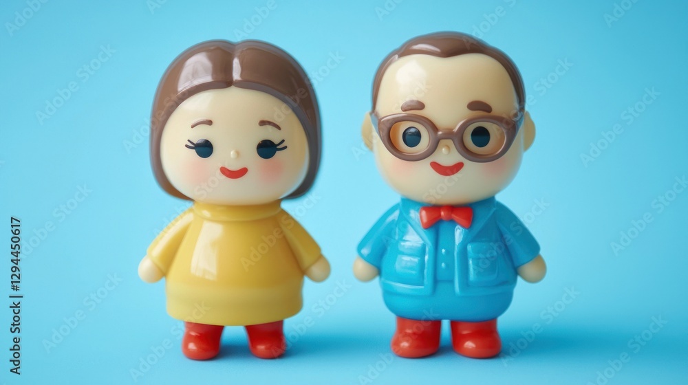 Cartoon couple figurines against blue backdrop.  Possible stock photo use