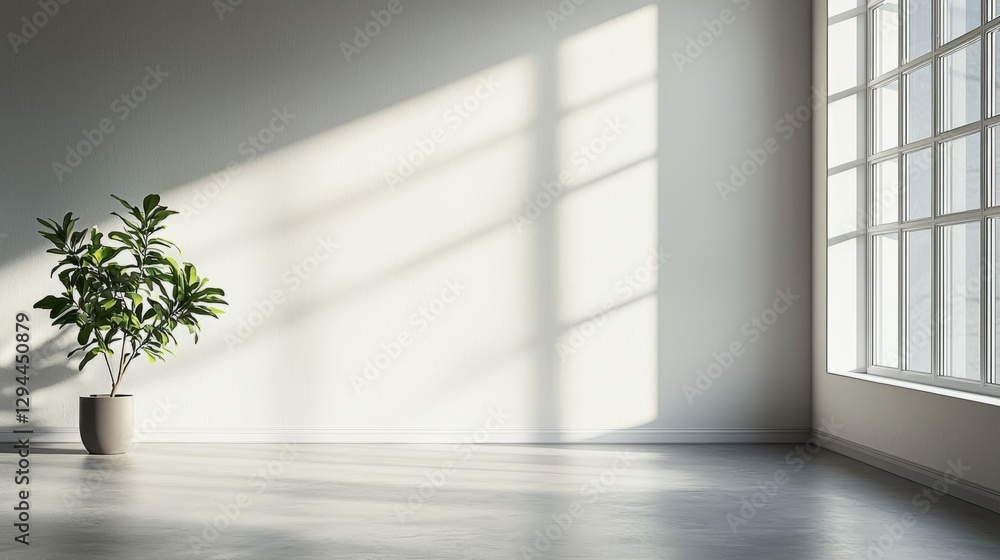 Fototapeta premium Modern minimalist interior with plant and large window light