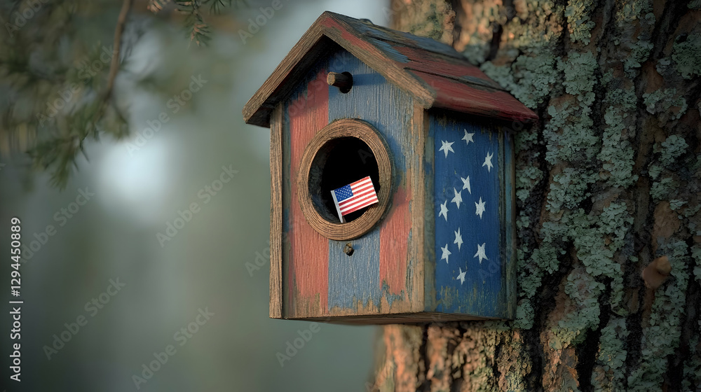 Patriotic birdhouse on tree trunk Patriotic birdhouse on tree trunk