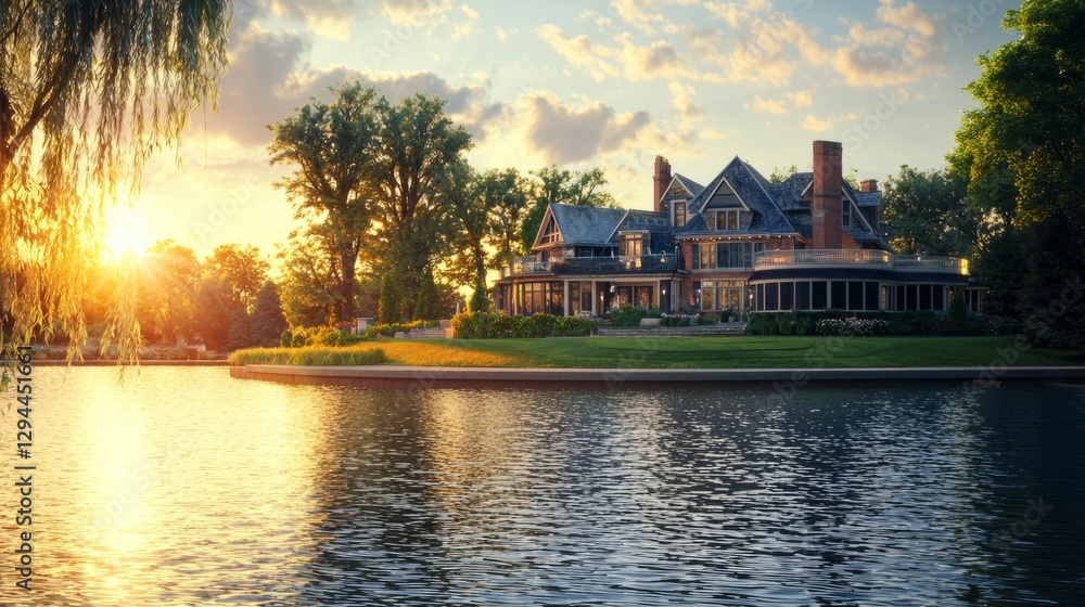 Obraz premium Elegant Lakeside Mansion Surrounded by Lush Greenery at Sunset