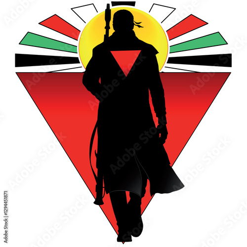 Freedom Fighter with Red Triangle Symbol of Resistance walking towards the rising sun with palestinian flag colors rays Conceptual vector illustration
