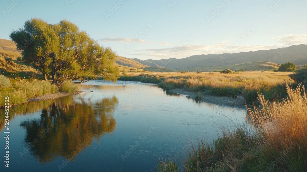 Serene River Landscape with Reflections and Lush Greenery Serene River Landscape with Reflections and Lush Greenery