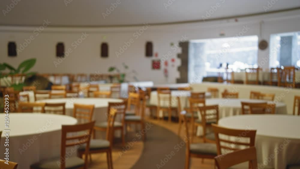 Blurred view of an empty wedding hall with tables and chairs set for an event depicting a defocused background ambiance. Blurred view of an empty wedding hall with tables and chairs set for an event depicting a defocused background ambiance.
