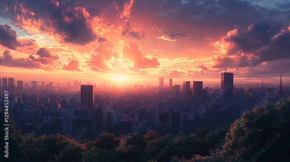 Fototapeta premium Stunning cityscape at sunset with vibrant colors and dramatic cloud formations.