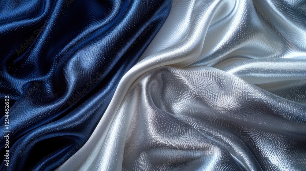 Obraz premium Satin fabric showcases a stunning gradient from dark navy to shimmering silver with smooth curves and ambient light
