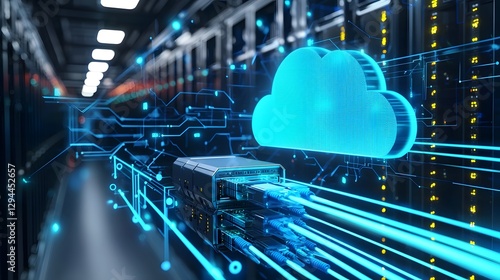 Cutting Edge Data Center Equipped with AI Powered Cloud Computing and Glowing Blue Network Cables Featuring a Floating Digital Cloud on the Ceiling and Advanced Information Storage Technology