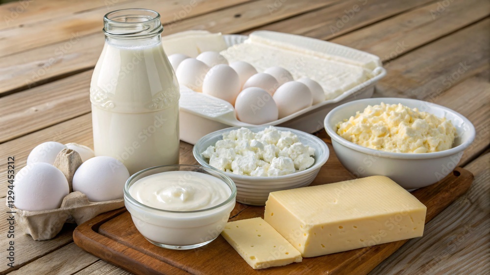 Variety of Dairy Products and Eggs on Wooden Surface Variety of Dairy Products and Eggs on Wooden Surface