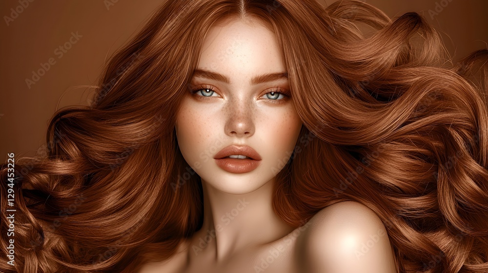 Fototapeta premium Elegant and captivating portrait of a red haired woman with thick glossy and richly auburn colored curls The subject has a flawless salon fresh styling and a sophisticated stunning appearance
