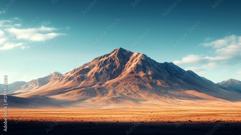 A minimalist mountain and desert landscape against a blue sky, mountain peak, barren terrain, open horizon A minimalist mountain and desert landscape against a blue sky, mountain peak, barren terrain, open horizon