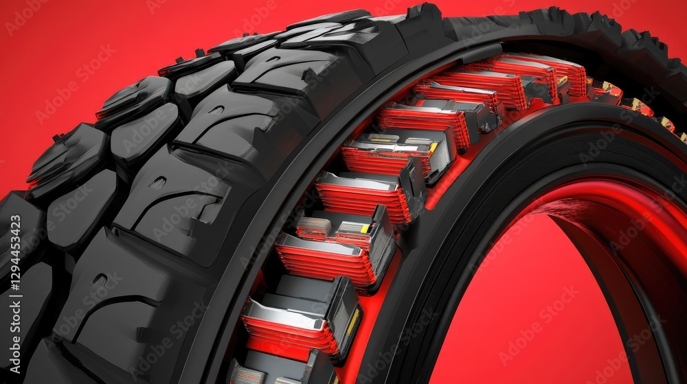 Cross-section of a tire with highlighted reinforced layers, set against a high-contrast red backdrop Cross-section of a tire with highlighted reinforced layers, set against a high-contrast red backdrop