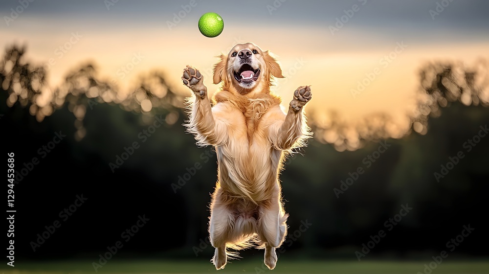 Obraz premium Energetic and playful golden retriever dog leaping into the air with outstretched paws eagerly catching a flying ball against a vibrant blue sky backdrop