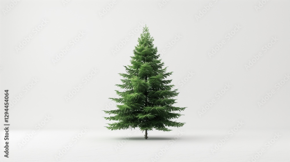 Fototapeta premium A lone, tall evergreen tree with a symmetrical shape, isolated with a smooth white backdrop, captured in HD detail.