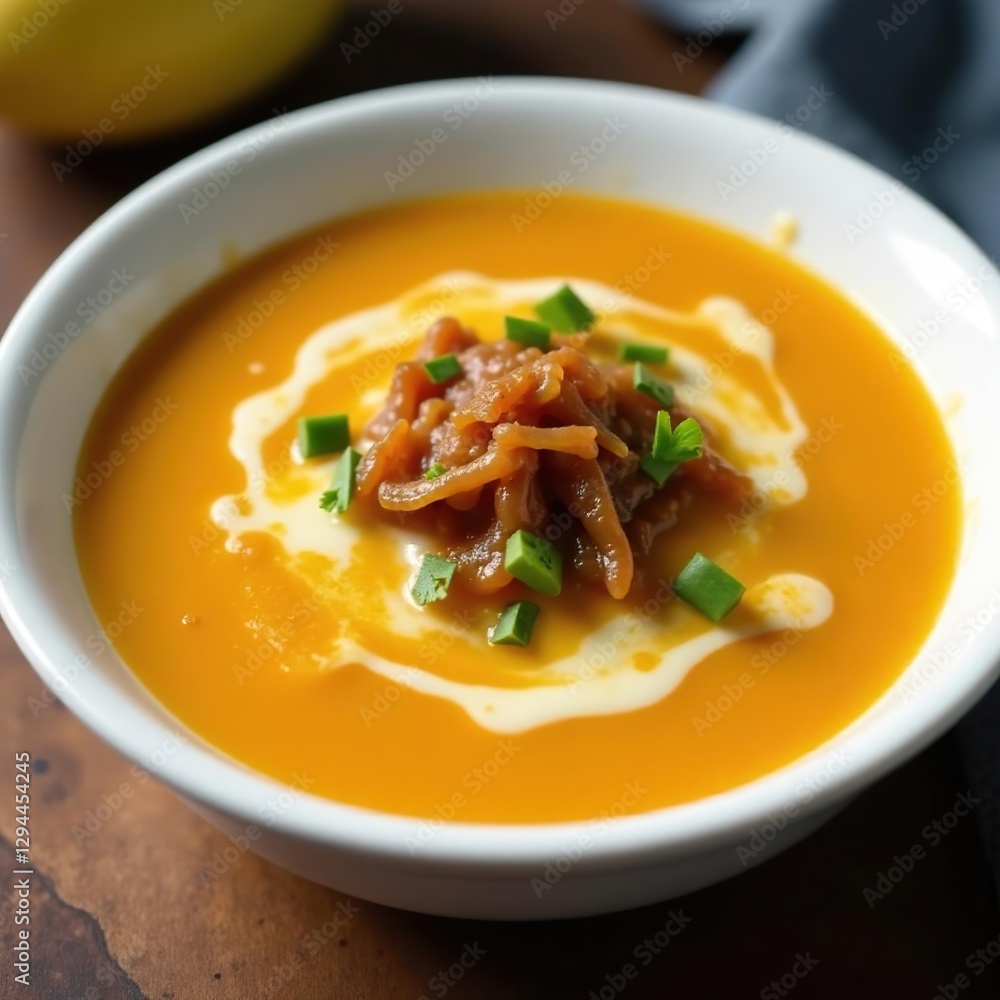 Golden soup with caramelized onions and melted cheese in a white bowl, comforting, warm, toasty Golden soup with caramelized onions and melted cheese in a white bowl, comforting, warm, toasty
