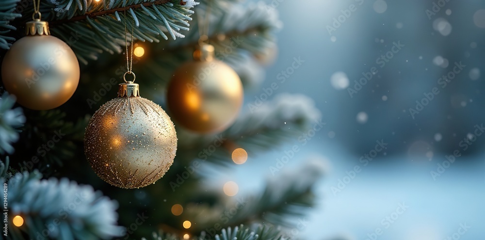 Gold and silver ornaments on a frosty Christmas tree, tree, decorations Gold and silver ornaments on a frosty Christmas tree, tree, decorations