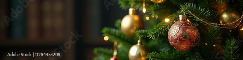 Golden garland of ornaments along fir tree trunk, decoration, fir, tree